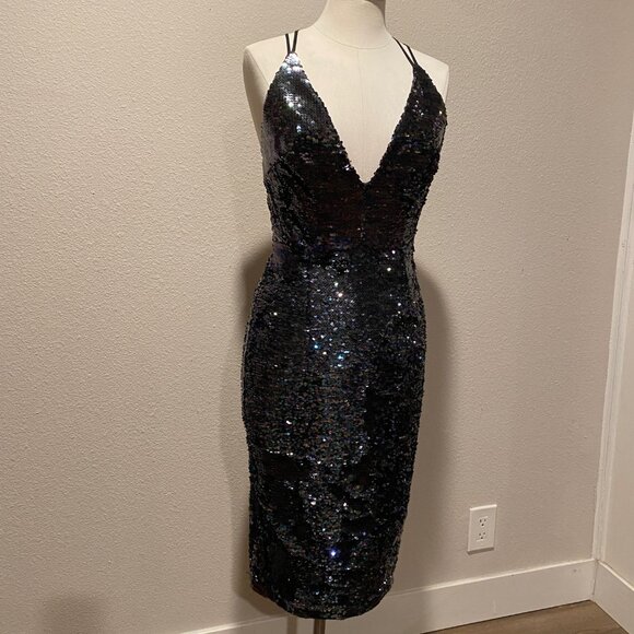 ASOS Black Sequin Midi Cocktail Dress | Deep V Strappy Back‎ | Size 6 - Picture 4 of 8